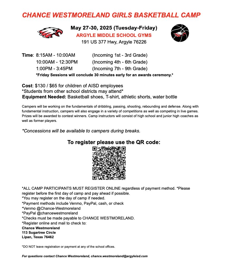 ‼️Registration is open‼️

This is our favorite week of the summer!! 😀 Register today! If you have had an issue with the registration link, please use one of these QR codes to get registered! 

We can't wait to see our Future Lady Eagles! 😎