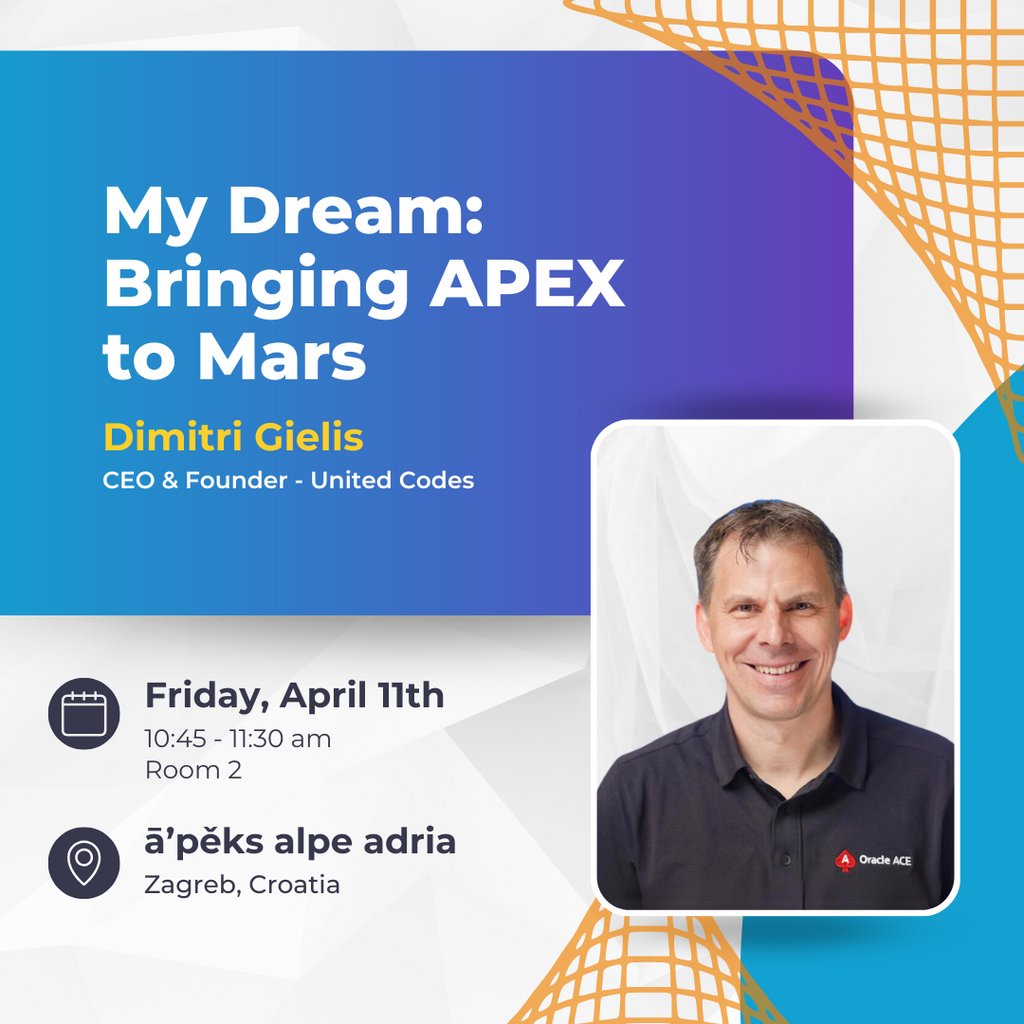 United Codes (@united_codes) on Twitter photo From Smart Buildings to Mars: Discover how #orclapex & 23ai are powering the future of urban innovation.
Join <a href="/dgielis/">Dimitri Gielis</a> to see how we built UC HQ using AI, RAG & sensor integration & how these techs could be used on Mars!
aaapeks.info
#aaapeks2025 <a href="/APEXAlpeAdria/">APEX Alpe Adria</a> From Smart Buildings to Mars: Discover how #orclapex & 23ai are powering the future of urban innovation.
Join <a href="/dgielis/">Dimitri Gielis</a> to see how we built UC HQ using AI, RAG & sensor integration & how these techs could be used on Mars!
aaapeks.info
#aaapeks2025 <a href="/APEXAlpeAdria/">APEX Alpe Adria</a>