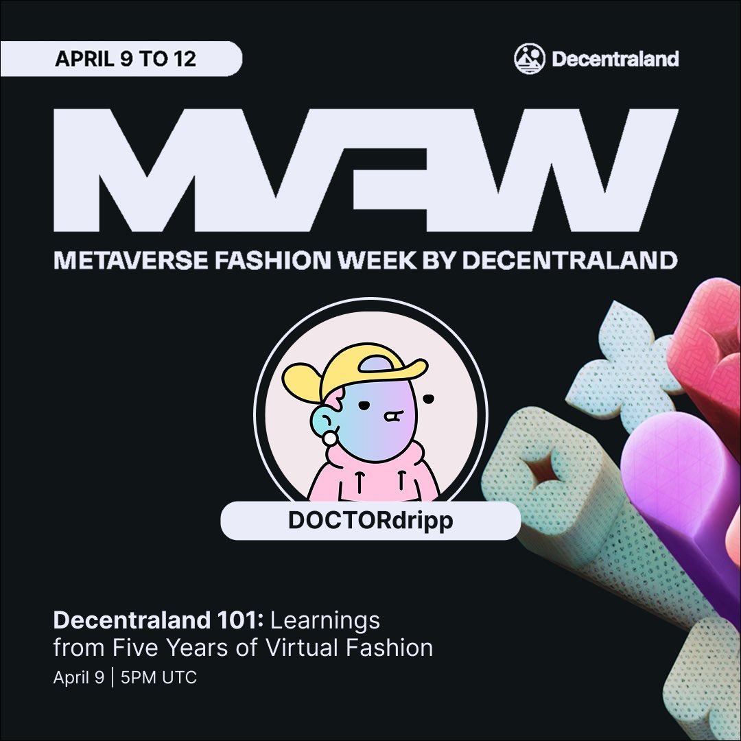 DOCTORdrippNFT's tweet photo. Metaverse Fashion Week kicks off today 👠

Cruise by for an alpha packed convo on the topic of creating Digital Wearables in @decentraland 

Starts at 10am PT / 1pm ET ⏰ https://t.co/y82CTtnWb9