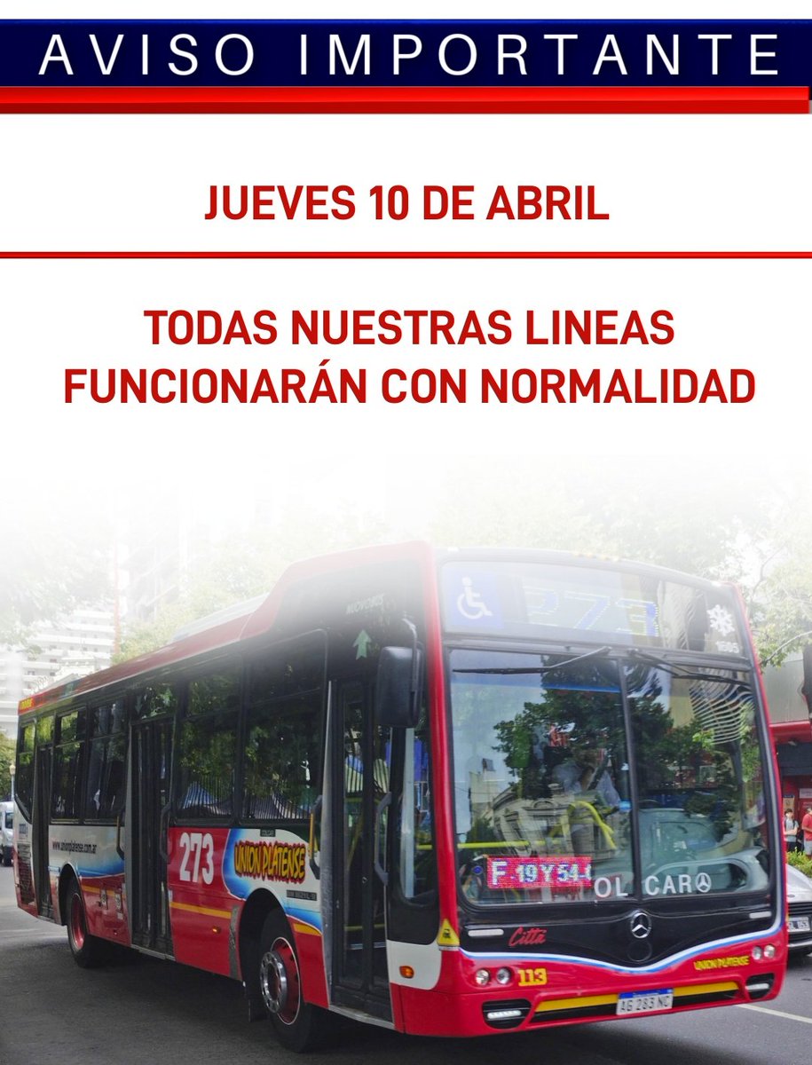 Linea273's tweet photo. ✅️ Este Jueves 10 de Abril, la #Linea273 estará brindando sus servicios de manera habitual. #LaPlata https://t.co/L5R74H9NHh