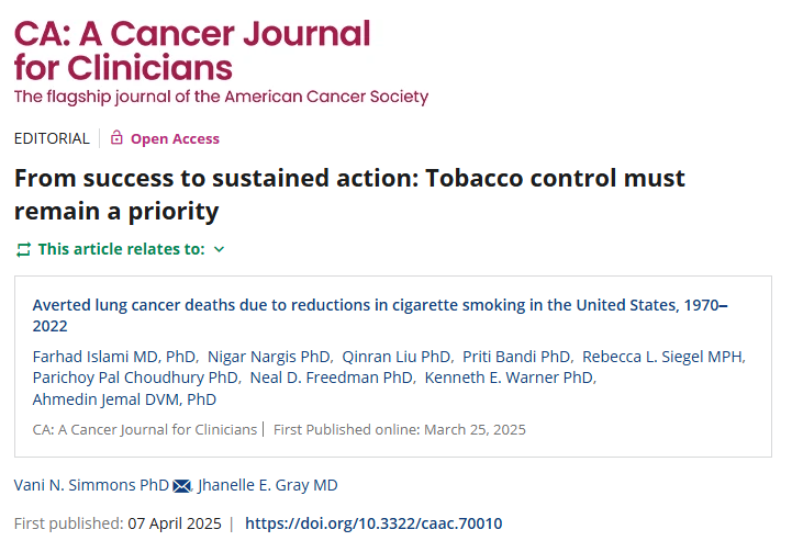 CA: A Cancer Journal for Clinicians (@cacancerjournal) on Twitter photo Beyond existing #TobaccoControl measures, pending regulations—if implemented—could yield equal or greater effects on smoking prevalence and, ultimately, on lung cancer burden.
New editorial from <a href="/JhanelleGray/">Jhanelle Gray MD</a> and <a href="/DrVaniSimmons/">Vani Simmons</a>:
acsjournals.onlinelibrary.wiley.com/doi/full/10.33…
<a href="/OncoAlert/">OncoAlert</a> <a href="/FarhadIslami/">Farhad Islami, MD PhD</a> Beyond existing #TobaccoControl measures, pending regulations—if implemented—could yield equal or greater effects on smoking prevalence and, ultimately, on lung cancer burden.
New editorial from <a href="/JhanelleGray/">Jhanelle Gray MD</a> and <a href="/DrVaniSimmons/">Vani Simmons</a>:
acsjournals.onlinelibrary.wiley.com/doi/full/10.33…
<a href="/OncoAlert/">OncoAlert</a> <a href="/FarhadIslami/">Farhad Islami, MD PhD</a>