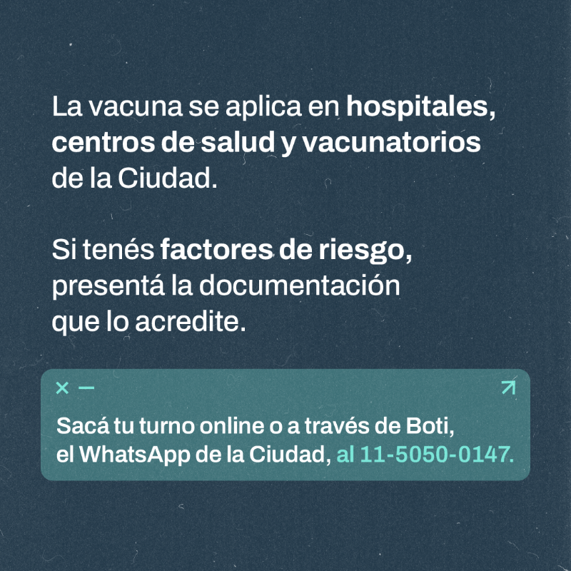 gcba's tweet photo. La Ciudad ya está aplicando la vacuna contra la gripe. Sacá tu turno online o a través de Boti al 11-5050-0147.