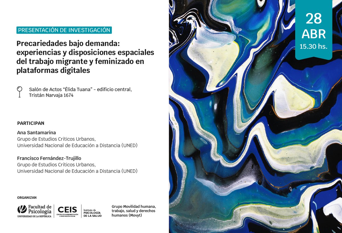 CeisPsico's tweet photo. 📢 Precariedades bajo demanda: trabajo migrante y feminizado en plataformas digitales.

📅 Lunes 28 de abril – 15:30 hs
📍 Facultad de Psicología | Entrada libre
Presentación con investigadores de la UNED (España).
🔗 Más info: https://t.co/VPXnBVrO3P https://t.co/avFzXiB893