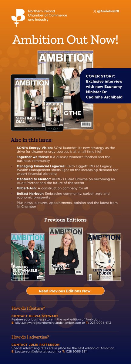 @NIChamber Ambition magazine (@ambitionni) on Twitter photo 📢The latest edition of Ambition Magazine is out now and on its way to members!
Featuring an exclusive interview with Economy Minister <a href="/CArchibald_SF/">Caoimhe Archibald MLA</a>
Also in this issue <a href="/soni_ltd/">SONI - System Operator for Northern Ireland</a>, <a href="/IrishFA/">Irish FA</a>, Legacy Wealth Management, <a href="/kpmguk/">KPMG UK</a> and many more...
<a href="/ulstertatlermag/">Ulster Tatler</a>
<a href="/NIChamber/">NI Chamber</a> 📢The latest edition of Ambition Magazine is out now and on its way to members!
Featuring an exclusive interview with Economy Minister <a href="/CArchibald_SF/">Caoimhe Archibald MLA</a>
Also in this issue <a href="/soni_ltd/">SONI - System Operator for Northern Ireland</a>, <a href="/IrishFA/">Irish FA</a>, Legacy Wealth Management, <a href="/kpmguk/">KPMG UK</a> and many more...
<a href="/ulstertatlermag/">Ulster Tatler</a>
<a href="/NIChamber/">NI Chamber</a>