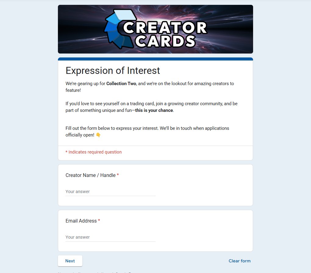 🎉 Want to be in the next Creator Cards collection?

If you’d love to see yourself on a trading card, join a growing creator community, and be part of something unique and fun—this is your chance.
Fill out the form below to express your interest. 

👇
forms.gle/rRagL7JUwCFwaV…