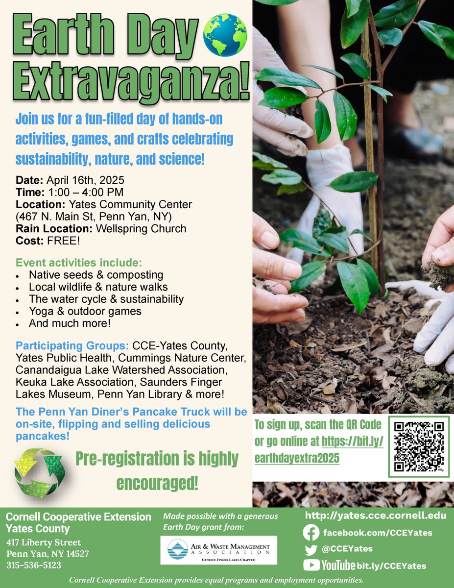 🌍✨ Join us for the Earth Day Extravaganza!
📅 Apr 16 | ⏰ 1–4PM
📍 Yates Community Center, Penn Yan
🎉 Crafts, games, nature walks, yoga &amp; more!
🥞 Pancake Truck on-site!
💰 FREE!
✅ RSVP: bit.ly/earthdayextra2…