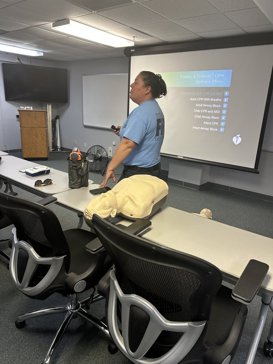 <a href="/TitusvilleFire/">Titusville Fire Dept</a> Life Safety Specialist Kerri Lubeski held an American Heart Association Friends and Family CPR  and AED training class on Saturday. Students participated in a 2-hour class and were able to perform their practical exercises on advanced CPR Manikins, allowing them