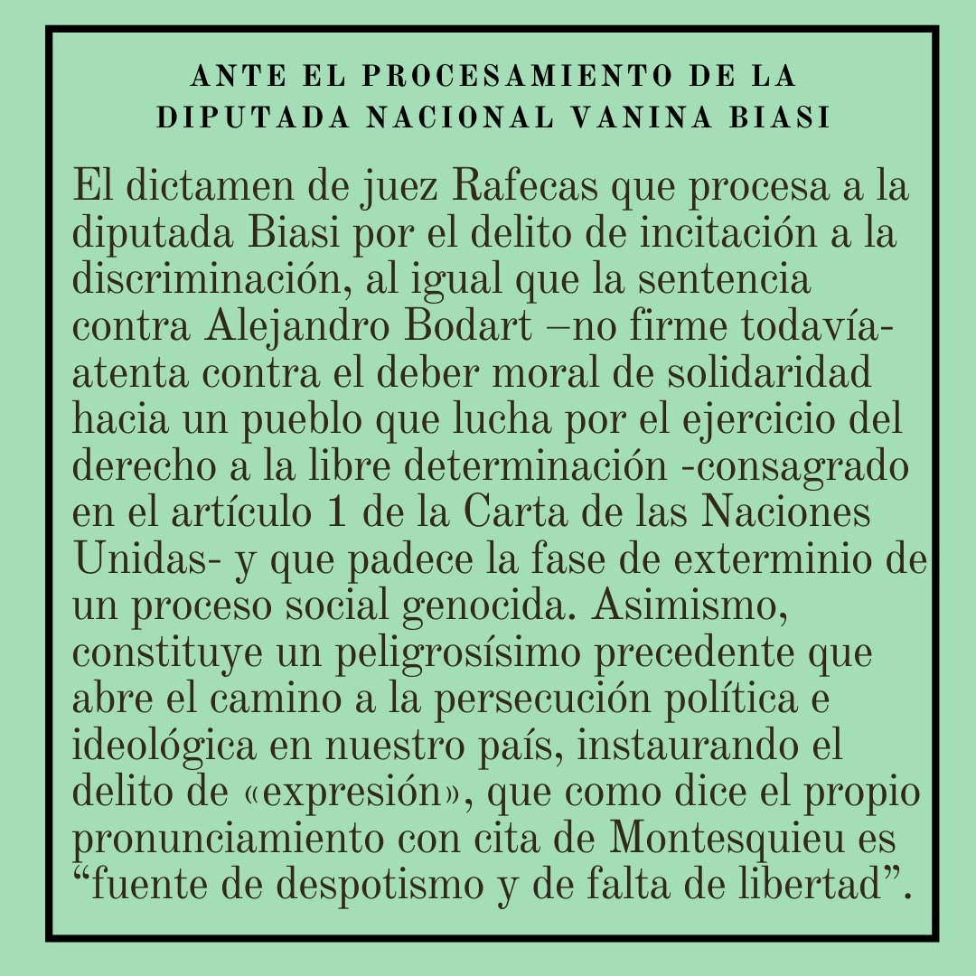 CatedraSaid's tweet photo. 🇵🇸 Desde la Cátedra Said miramos con preocupación el procesamiento de la Diputada Nacional Argentina Vanina Biasi.

Para leer el pronunciamiento completo: https://t.co/GPPibiHtRd

#CátedraSaid #Palestina #LibertadDeExpresión #VaninaBiasi #Nakba #EdwardSaid #FreePalestine https://t.co/E0o5pNGgvf