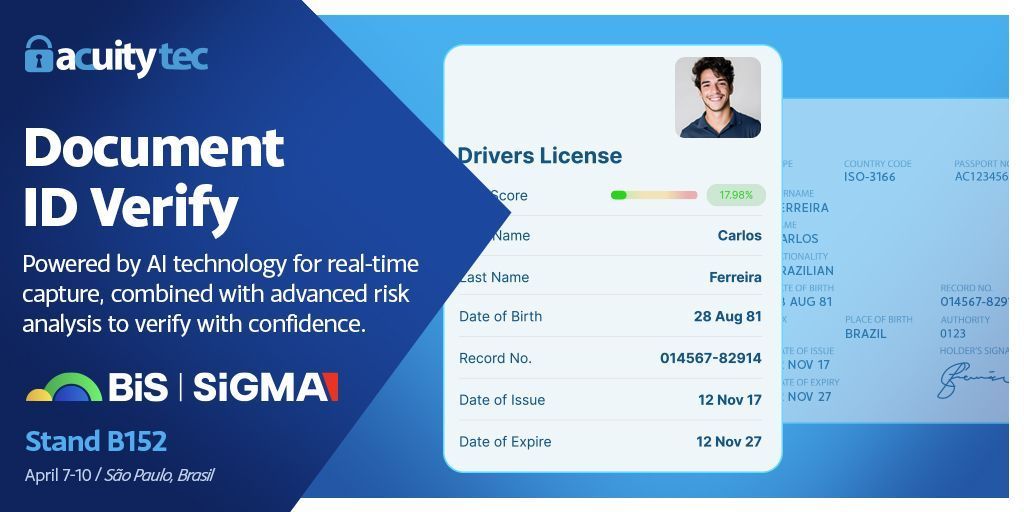 acuitytec's tweet photo. Verify player IDs in real-time 🔗 https://t.co/ytkqvpBcnq 

Capture, extract, and validate government #IdentityDocuments with AI-driven precision, paired with multi-level risk analysis. 

📍 Meet us at Booth B152 – #SiGMAAmericas to learn more.

#KYC #DocumentVerification #AML https://t.co/y13qRsyjEU