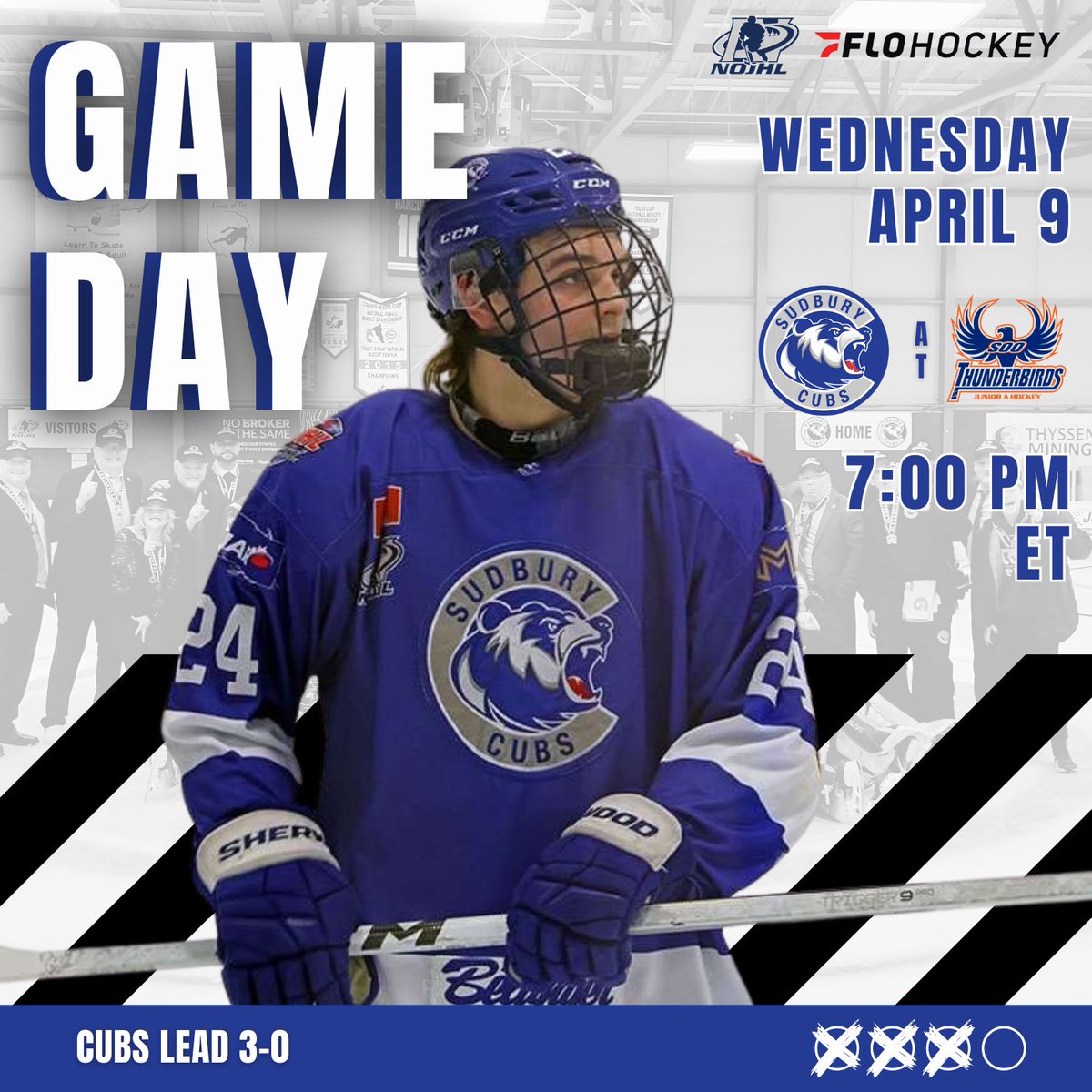 Looking to shut the door 🚪 🐻 

📍: John Rhodes Community Centre 
🗓️: April 9, 2025
⏰: 7:00 PM 
🆚: Soo Thunderbirds 
📺: FloHockey   

#BearWitness #CubsCountry #NOJHL #BearDown #gameday #playoffs #game4