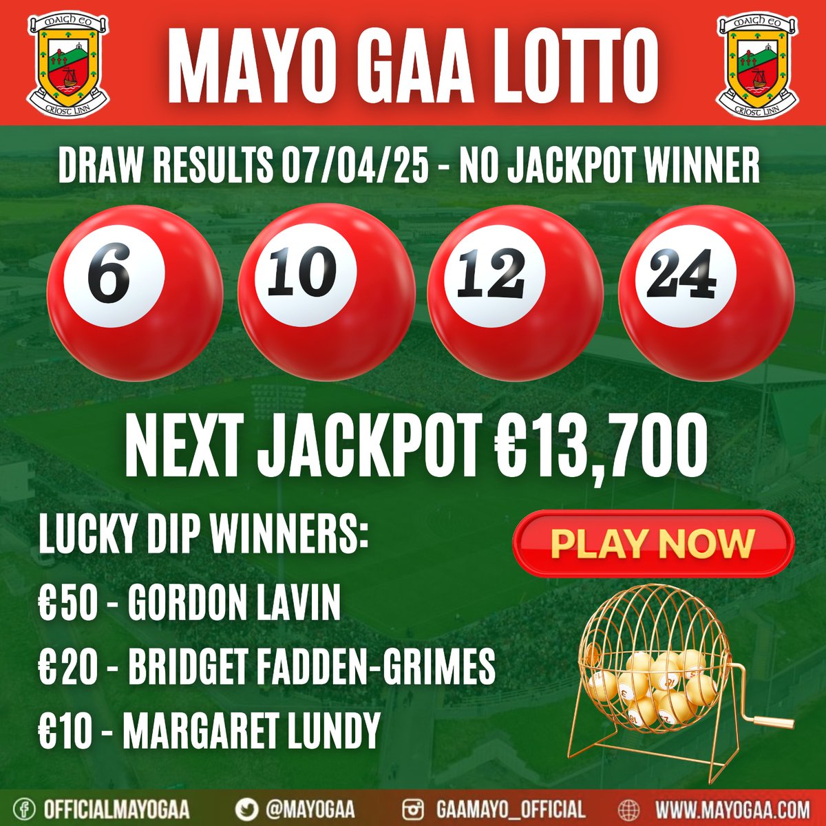 MayoGAA's tweet photo. Check out this weeks Lotto results
Next Monday night's jackpot is β¬13,700 !!!
ππ₯ππ² ππ«π¨π¦ ππ¬ π₯π’πππ₯π ππ¬ β¬π π¨π« π ππ’ππ€πππ¬ ππ¨π« β¬π
Be in it, to win it: https://t.co/1vXrevH3Gh #playsupportwin #mayogaa #jackpot #smartlotto Thank you for your continued support.