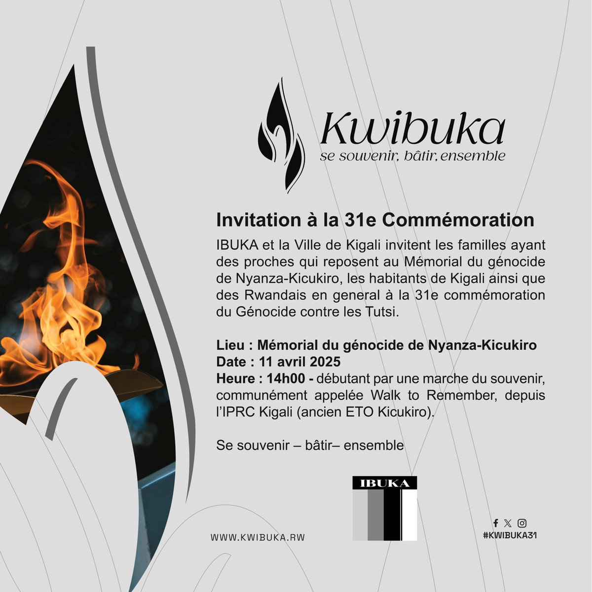 The City of Kigali and IBUKA invite families with loved ones buried at the Nyanza-Kicukiro Genocide Memorial, as well as residents of Kigali, to the Commemoration of the Genocide Against the Tutsi at this Memorial on Friday, 11 April 2025.
Remember – Unite – Renew.
—
Ubuyobozi