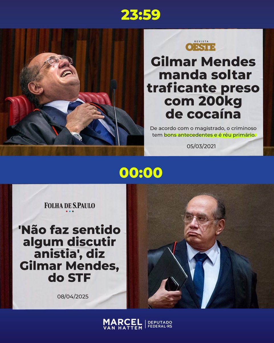 INACREDITÁVEL! O mesmo ministro Gilmar Mendes que afirma que “não faz sentido discutir anistia” e que vivemos uma “tragédia política”, foi o que mandou soltar um traficante preso com quase 200kg de cocaína, alegando que ele tinha bons antecedentes e era réu primário. 

Enquanto