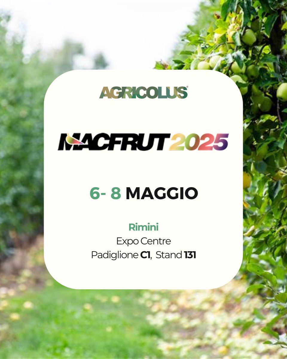 🥔 Dal 6 all'8 maggio ci troverete a <a href="/MacfrutFiera/">Macfrut</a> 
2025!

🌱 Venite a trovarci all'Expo Centre di Rimini, Padiglione C1, Stand 131, per approfondire i nostri #DSS per la difesa delle colture e provare l'app #Agricolus per la gestione completa dell’#aziendaagricola.

#agtech