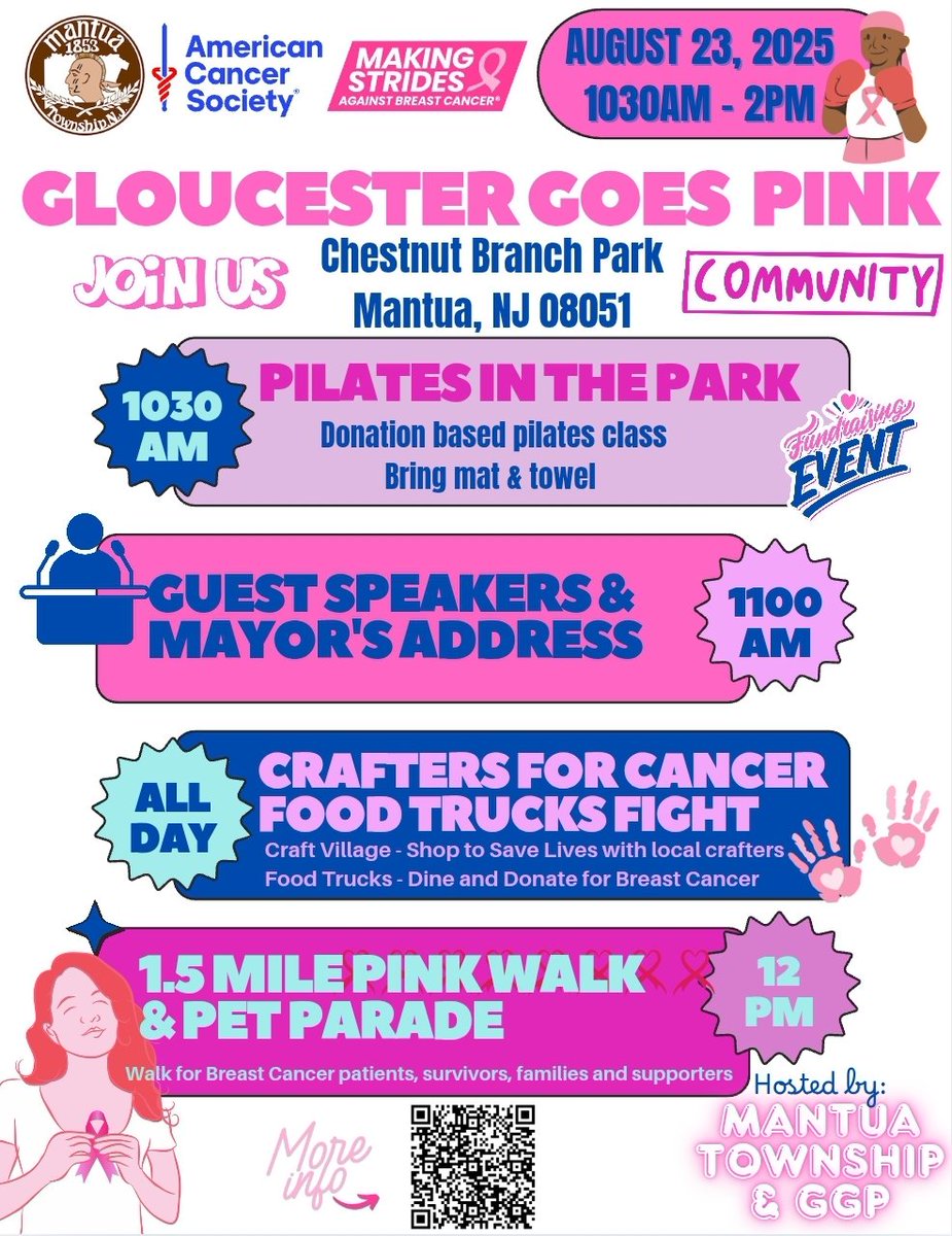 PCOSGurl's tweet image. It's official.. The 2nd annual Gloucester Goes Pink Festival for #breastcancer & Pink week are set for August 23rd - 31st with kick-off party at Chestnut Branch Park in Mantua on Saturday 8/23.
Want to become a community partner? Request more info:
Paintmantuapink@gmail.com