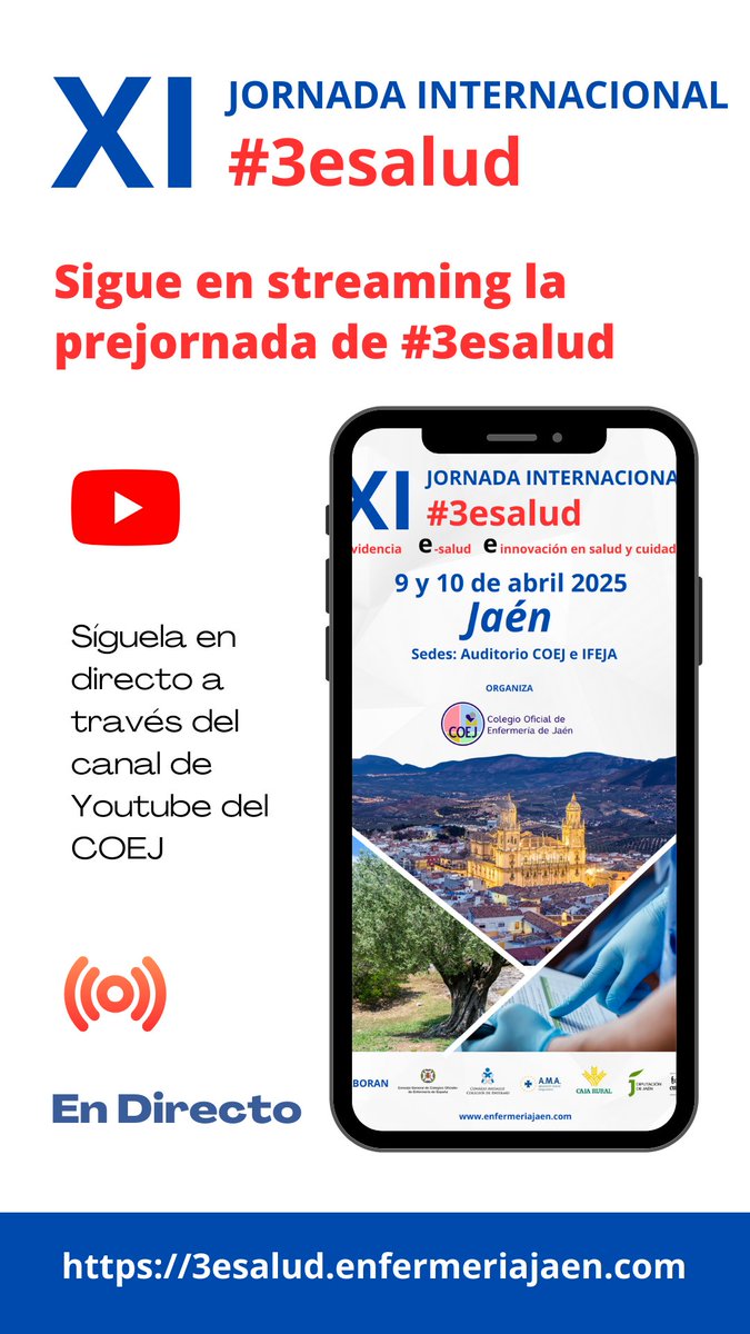 📲 Os recordamos que podéis seguir en directo la prejornada de la XI Jornada Internacional #3esalud a través del canal de Youtube del COEJ ⤵️

🔗 youtube.com/live/isES3zHKo…

#Enfermería #Jaén #3esalud #Formación #Streaming