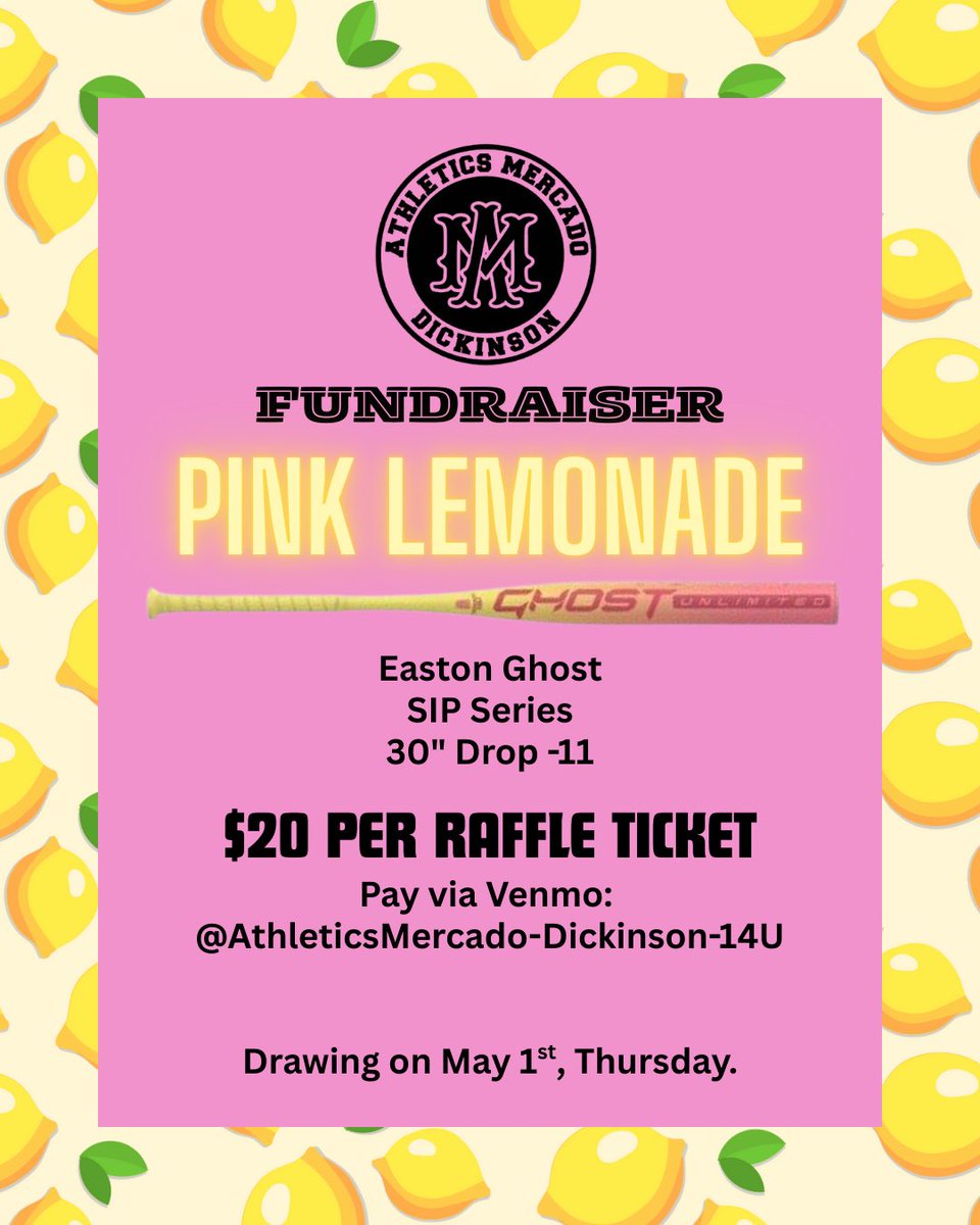Looking to upgrade your bat? We are raffling off a Pink Lemonade Ghost Unlimited (size 30 drop 11) with tickets available for $20 and the drawing to take place on May 1st.

Please Venmo : venmo.com/u/AthleticsMer…