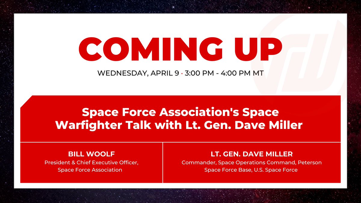 Redwire Space (@redwirespace) on Twitter photo COMING UP at 3pm MT at #40thSpaceSymposium!
Join <a href="/SpaceForceAssoc/">Space Force Association</a>'s Space Warfighter Talk with Lt. Gen. Dave Miller, Space Operations Command, Peterson Space Force Base, U.S. Space Force and Bill Woolf, President & Chief Executive Officer, Space Force Association.
Booth#1373 COMING UP at 3pm MT at #40thSpaceSymposium!
Join <a href="/SpaceForceAssoc/">Space Force Association</a>'s Space Warfighter Talk with Lt. Gen. Dave Miller, Space Operations Command, Peterson Space Force Base, U.S. Space Force and Bill Woolf, President & Chief Executive Officer, Space Force Association.
Booth#1373