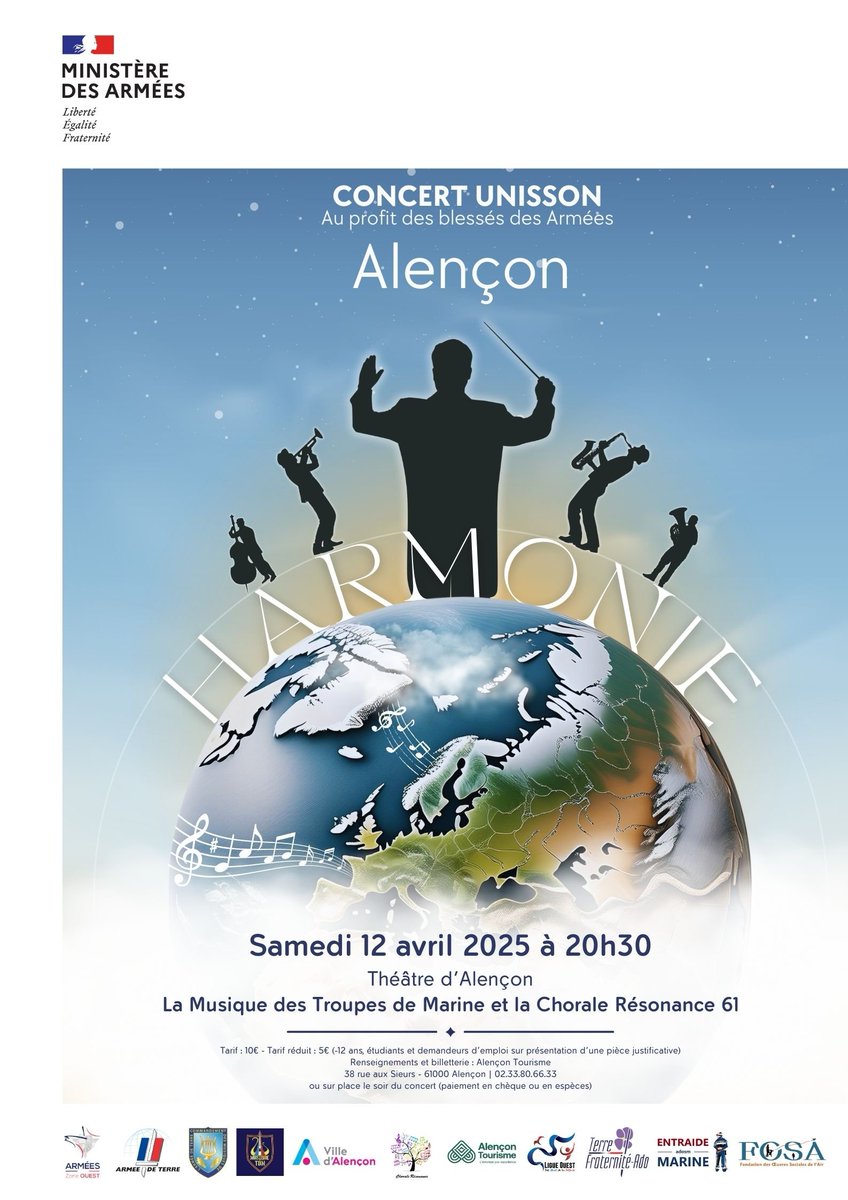 armeeszoneouest's tweet image. Concert #UNISSON 
📍 Le théâtre d'Alençon 
🗓 Samedi 12 avril 2025 - 20h30
🔎Tarif : 10 € - Tarif réduit : 5 €. 
Renseignements &amp;amp; billetterie : Alençon Tourisme ou sur place le soir du concert (paiement en chèque ou en espèces)