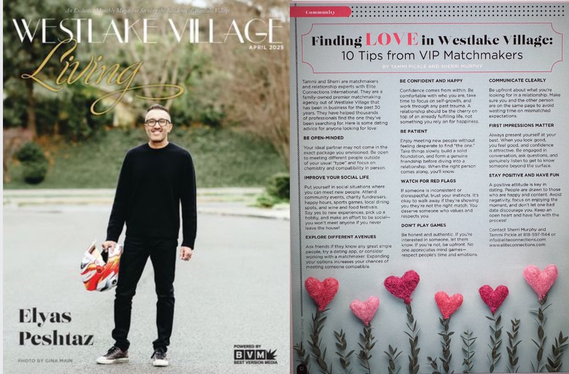 Thank you Westlake Village Living Magazine for the article in this month’s April edition <a href="/MatchmkerElite/">Elite Connections Matchmaking</a>