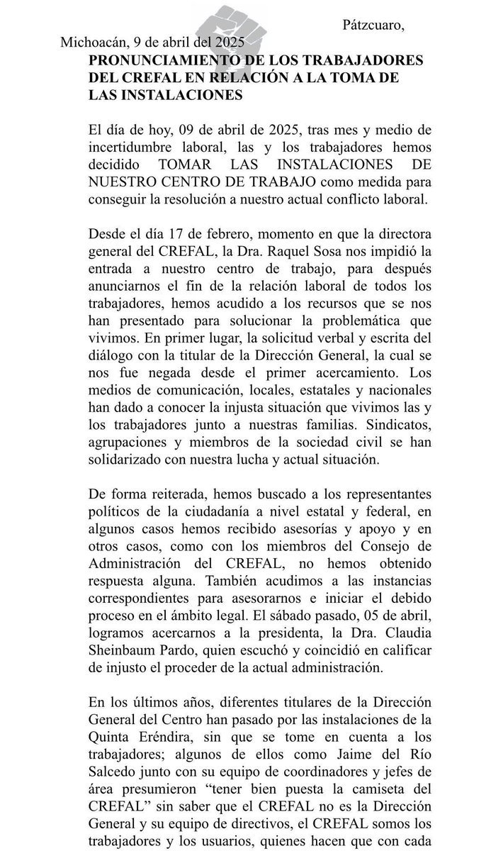 CREFALUnidos's tweet photo. Pronunciamiento de las personas trabajadoras con respecto a la toma de las instalaciones del #CREFAL
#CREFALunidojamasseravencido
#CREFALresiste https://t.co/uLmIEFPzGQ