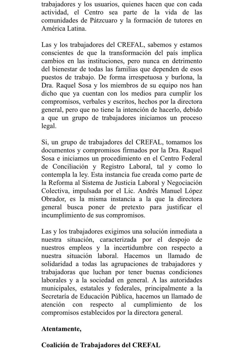 CREFALUnidos's tweet photo. Pronunciamiento de las personas trabajadoras con respecto a la toma de las instalaciones del #CREFAL
#CREFALunidojamasseravencido
#CREFALresiste https://t.co/uLmIEFPzGQ