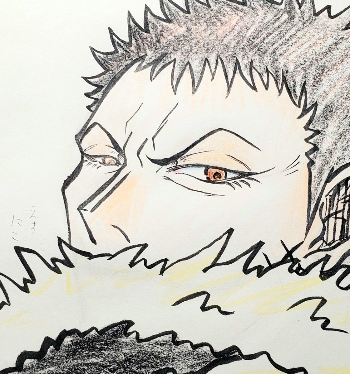 いっつも仏頂面か困ってる顔しか描いてないから、たまには穏やかな顔の🍩次兄でも………と思ったんだけど普段と変わらない気がするw
取るしかねぇのか、眉間のシワを…。。。でもこれは個人的に見聞鍛える過程で癖がついちゃったものだと思ってるから取るのはなぁ…等思いつつ。要練習ですわ。