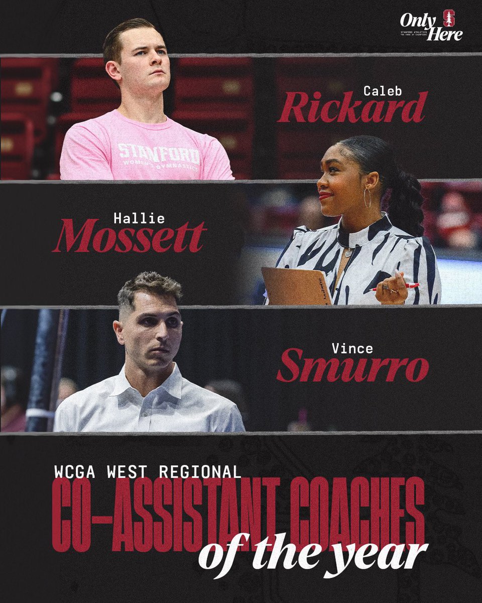 StanfordWGym's tweet photo. BEST IN THE WEST 😍

Congrats to our coaching staff, named WCGA West Regional Head Coach of the Year (Tabitha Yim) and Co-Assistant Coaches of the Year (Vince Smurro, Hallie Mossett, Caleb Rickard)! 

🗞️➡️ https://t.co/qznmLHP0vH

#HTL | #GoStanford https://t.co/rnEgdHlPD0