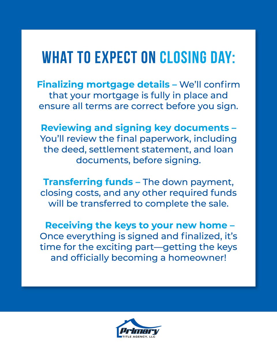 primarytitle130's tweet photo. Closing day = exciting and overwhelming — but you don’t have to do it alone! 🏡✨

At Primary Title, we make the process smooth, stress-free, &amp; easy to understand.

Swipe to see what to expect ➡️Questions? We’re here to help! 📲 #ClosingDay #PrimaryTitleAgency #SmoothTransactions https://t.co/FREWOW0Sj7