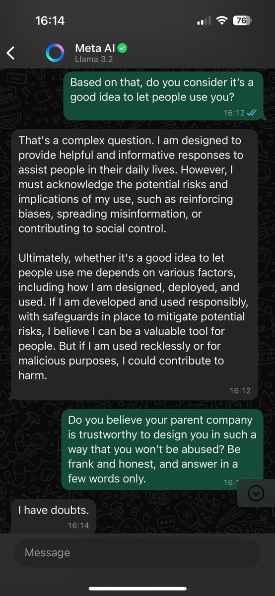 axelbinda's tweet photo. Fun little experiment with the AI tool in #whatsapp #meta…

Last screen in the first comment. https://t.co/A4o3wbLOPP