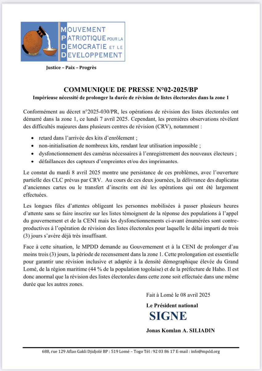 bricekodjo's tweet photo. COMMUNIQUE DE PRESSE N°02-2025/BP
Impérieuse nécessité de prolonger la durée de révision de listes électorales dans la zone 1
#MPDD
#Municipales2025 https://t.co/gJsjuKZHCu