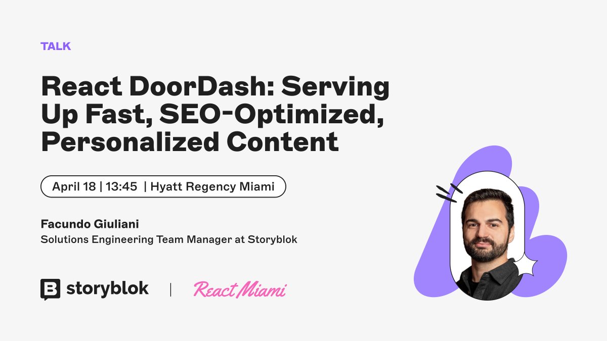 Storyblok (@storyblok) on Twitter photo <a href="/ReactMiamiConf/">React Miami</a> Don’t miss <a href="/facundozurdo/">Facundo Giuliani</a>'s talk on “React DoorDash: Serving Up Fast, SEO-Optimized, Personalized Content” on April 18th at 01:45 PM.
See you there! okt.to/Jxefis <a href="/ReactMiamiConf/">React Miami</a> Don’t miss <a href="/facundozurdo/">Facundo Giuliani</a>'s talk on “React DoorDash: Serving Up Fast, SEO-Optimized, Personalized Content” on April 18th at 01:45 PM.
See you there! okt.to/Jxefis