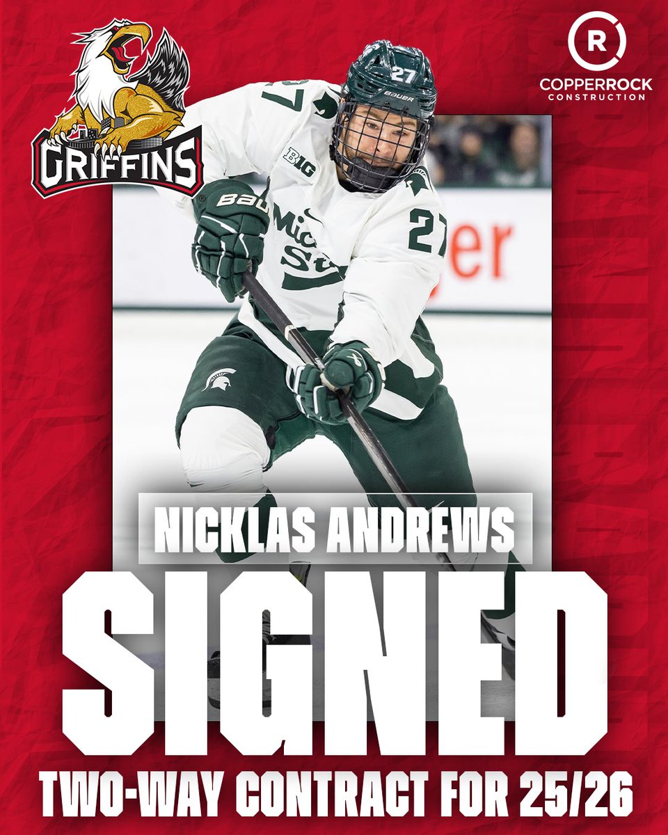 griffinshockey's tweet photo. . @CopperRockGR Building Strong Update: The Griffins signed former Michigan State University defenseman Nicklas Andrews to a one-year, two-way contract for the 2025-26 season #GoGRG

DETAILS >> https://t.co/NPZdFFCZ9P https://t.co/Fn42AkkMDn