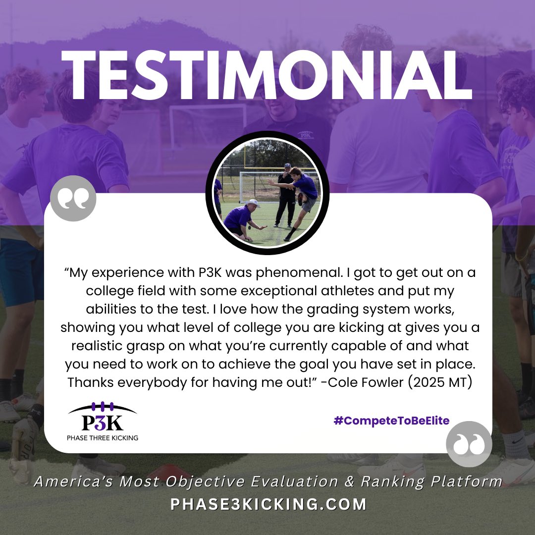 Phase3Kicking's tweet photo. We appreciate when our camp specialists understand the camp concept and see the value in what we are building! Thank you! #CompeteToBeElite 🟣⚪️⚫️ https://t.co/FhHBmeXy5P