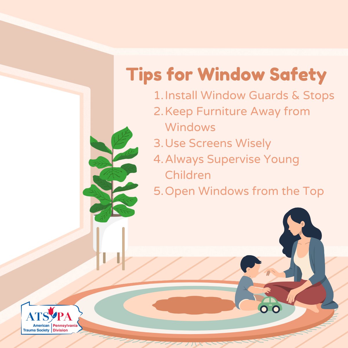 ATSPA's tweet image. 🏡 Windows can be a safety hazard—especially for kids! 🚸

✔️ Lock windows when not in use
✔️ Install guards or stops to prevent falls
✔️ Keep furniture away from windows

Take steps to make your home safer! #WindowSafetyWeek #FallPrevention