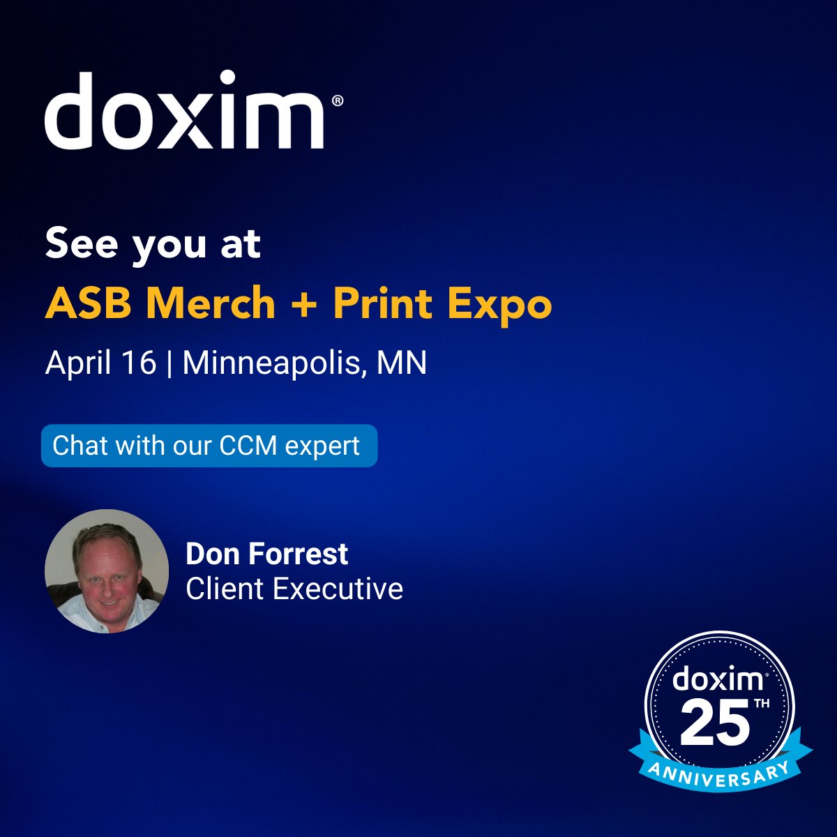 Minneapolis! We’re headed to the ASB Merch + Print Expo on April 16.

CCM expert Don Forrest will be available to discuss Doxim's quality, personalized print communications.

Learn More ➡️ doxim.com/customer-commu…

#Minneapolis #PrintMailCommunications #CustomerExperience #CCM