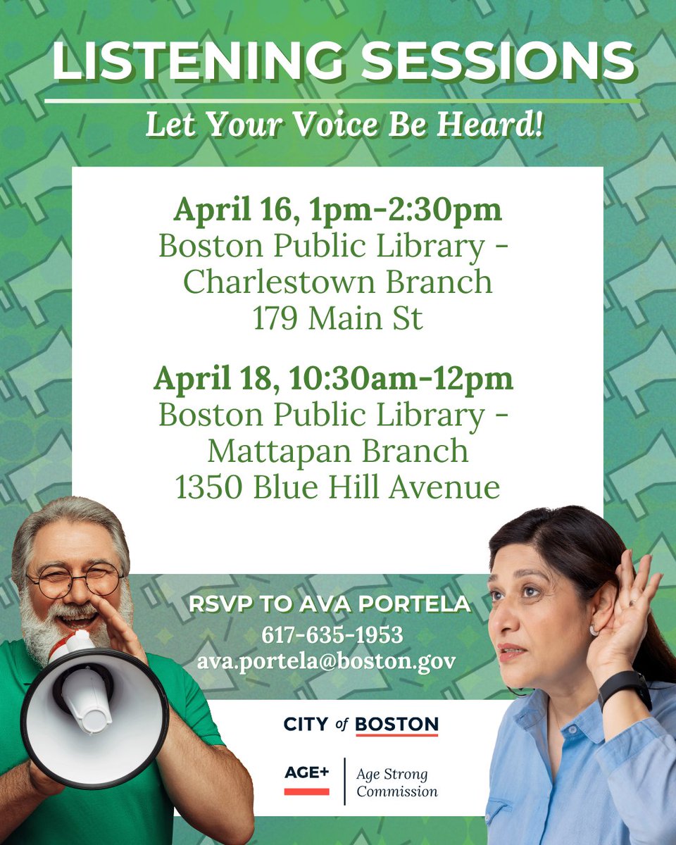 Age Strong 's next listening sessions to hear from your ideas on how to make Boston more age-friendly will take place on Wednesday, April 16, in Charlestown and on Friday, April 18, in Mattapan. For more information &amp; to RSVP, call 617-635-1953 and visit boston.gov/departments/ag….