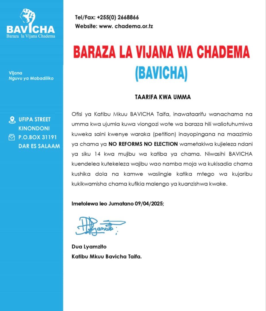IamLyenda's tweet photo. Bavicha Taifa yatoa siku 14 kwa wanachama wake wanaounga mkono G55 kutoa maelezo. https://t.co/MTU0dvXOai