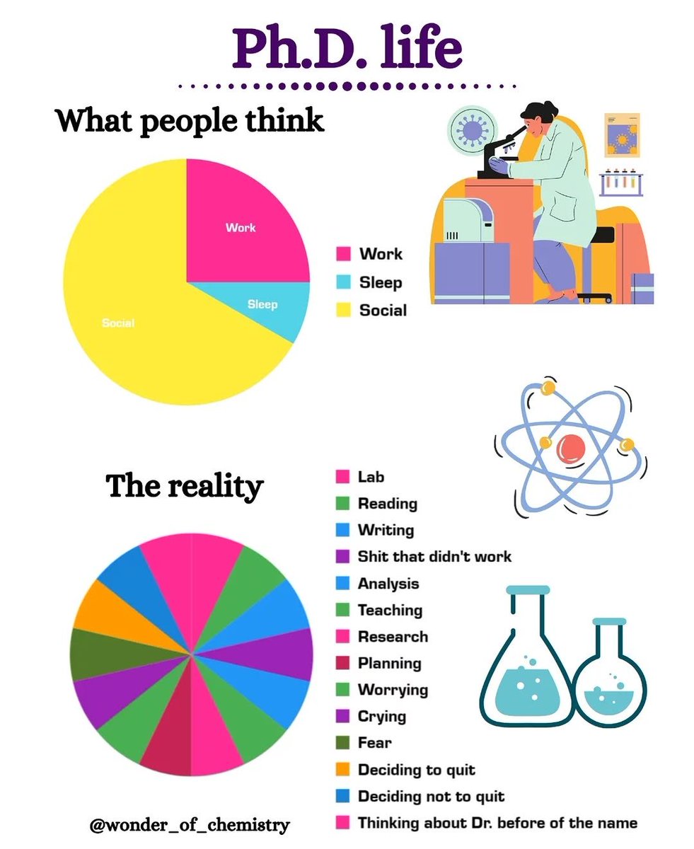 What people think a Ph.D. is: Work, Sleep, Social life.

What it actually is: Lab, fear, crying, failed experiments, existential dread-and maybe a paper.
#PhDLife #GradSchoolProblems
#PhD #chemistry #AcademicTwitter #ScienceHumor #PhDStruggles #ResearchReality #ChemTwitter