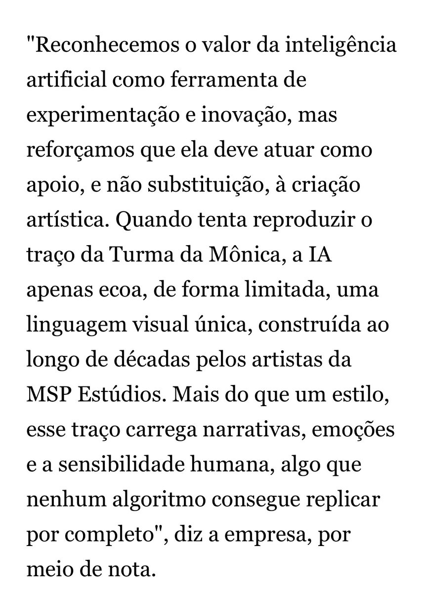 Estúdio Mauricio de Sousa condena onda de imagens da Turma da Mônica geradas por IA: 'Não autorizamos'

E lembrando: a MSP é rainha em processar gente que faz mal uso de seus personagens, então se preparem KKKKK

oglobo.globo.com/cultura/notici…