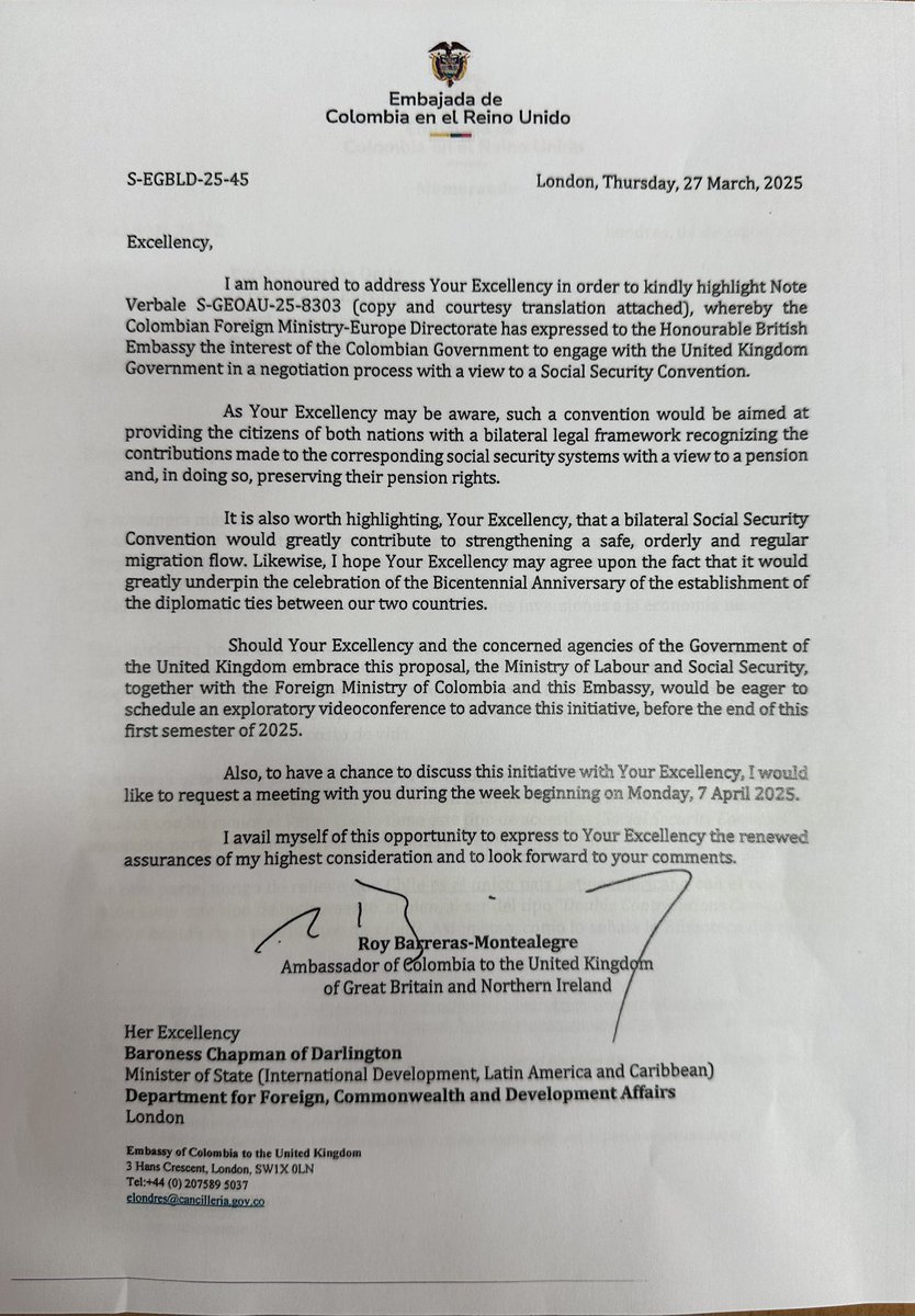 RoyBarreras's tweet photo. Impulsamos esta iniciativa para que los miles de colombianos que trabajan en el Reino Unido puedan hacer valer sus semanas de cotización ante el sistema de seguridad social en ambos países. Será necesario un acuerdo binacional que esperamos firmar en el marco del Bicentenario. https://t.co/aipgQJPyWC