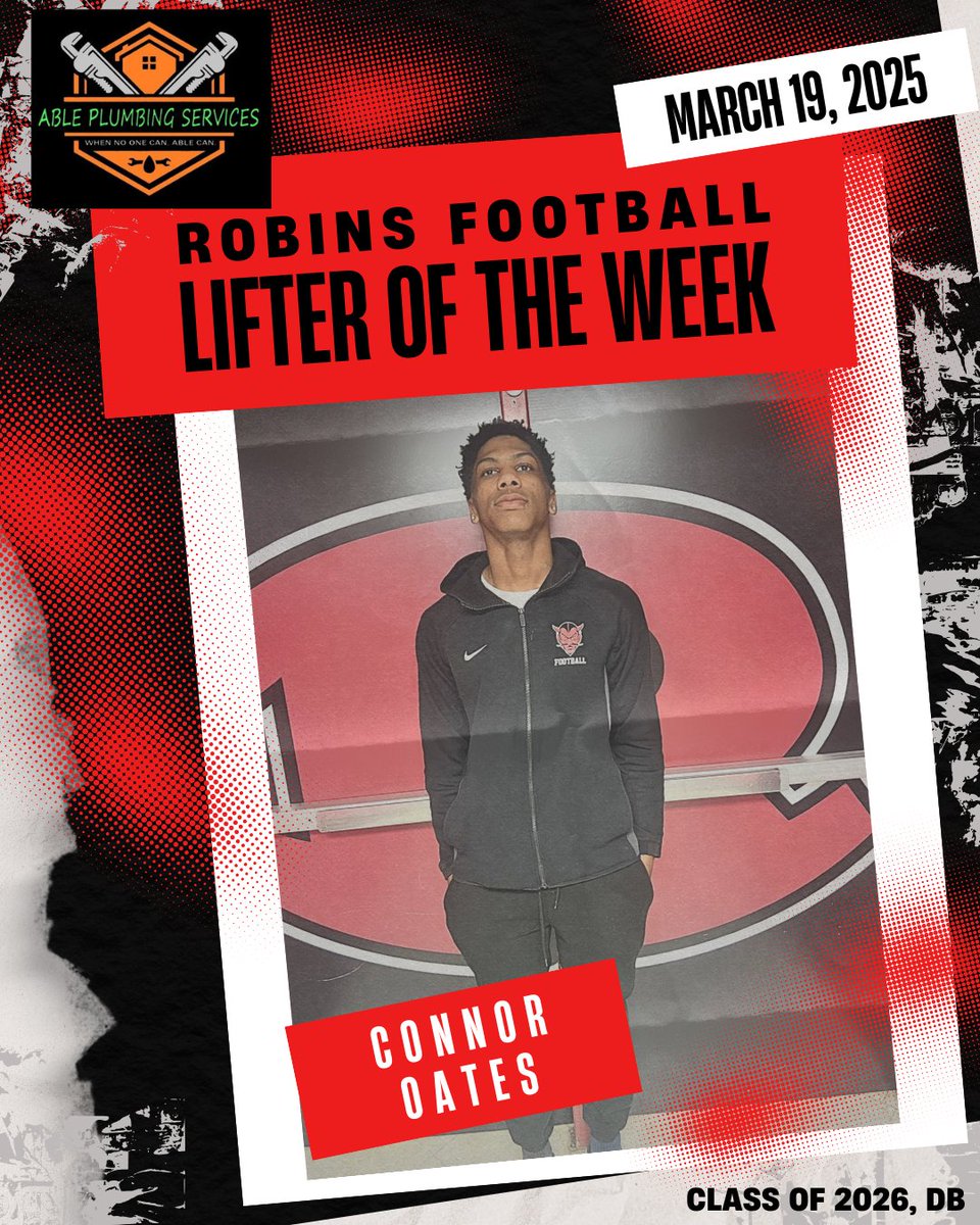 robinsfootball1's tweet photo. Shoutout to March 12th &amp; March 19th's Able Plumbing Services LLC Football Lifter of the Week! Hard work, dedication, and strength on full display. Keep grinding! #LifterOfTheWeek #RobinsFootball #StrengthInTheGame #ableplumbing https://t.co/zOdqSIXlNg
