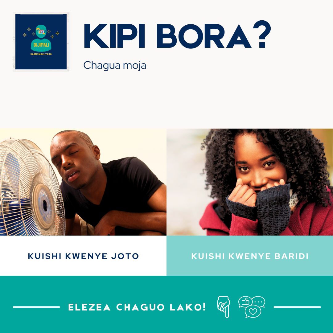 DijiMali's tweet photo. Kipi Bora? Kuishi kwenye joto🌞 au baridi?❄️Mazingira gani yanafaa biashara yako zaidi? Fikiria aina ya bidhaa au huduma unayotoa. Tuachie maoni yako!⌨💬
#KipiBora #TeamJoto #TeamBaridi #Biashara #dijimali #rasilimalidijitali #dijimalifun https://t.co/imuuk8slxy