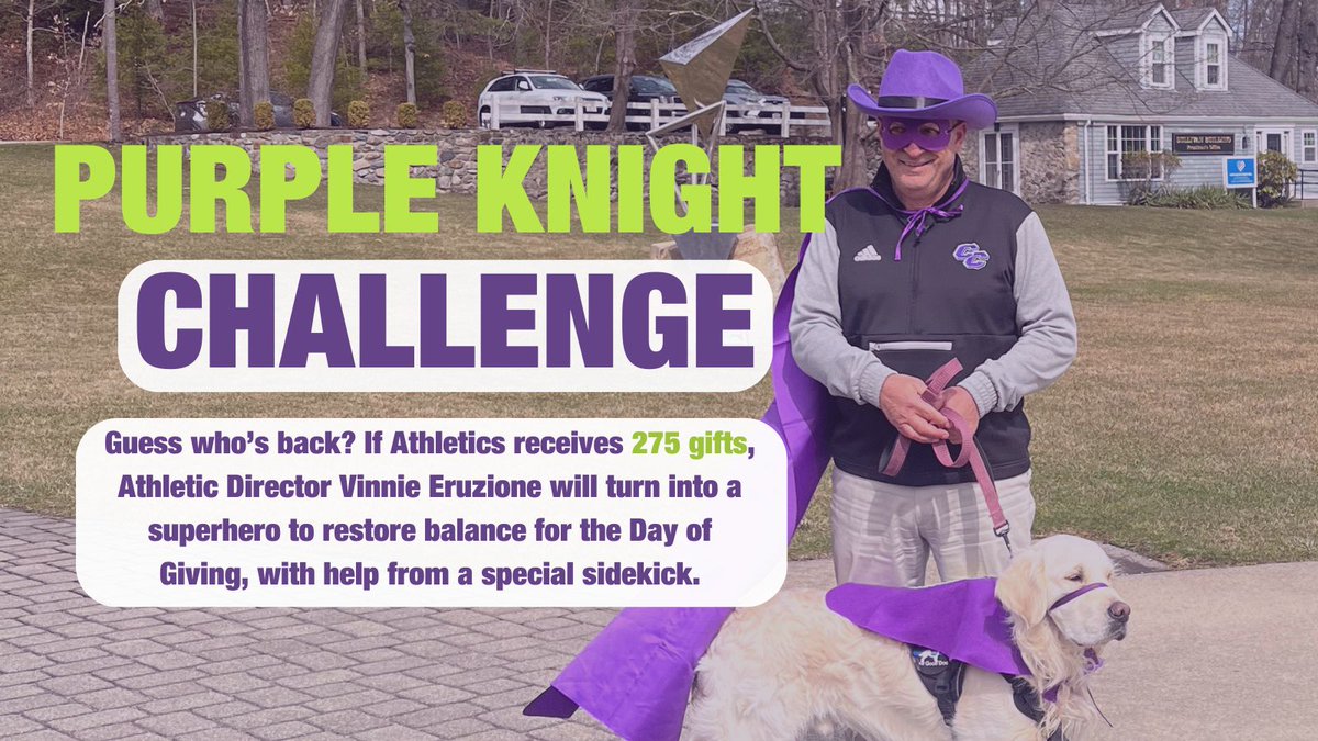 Curry College (@curryedu) on Twitter photo What's the Day of Giving without <a href="/CurryCollegeAD/">Vinnie Eruzione</a>?!
If <a href="/CurryColonels/">Curry College Colonels</a> receives 275 gifts, Athletic Director Vinnie Eruzione will turn into a superhero to restore balance for the Day of Giving, with help from a special sidekick.
Unleash the Purple Knight: curry.edu/currycounts What's the Day of Giving without <a href="/CurryCollegeAD/">Vinnie Eruzione</a>?!
If <a href="/CurryColonels/">Curry College Colonels</a> receives 275 gifts, Athletic Director Vinnie Eruzione will turn into a superhero to restore balance for the Day of Giving, with help from a special sidekick.
Unleash the Purple Knight: curry.edu/currycounts
