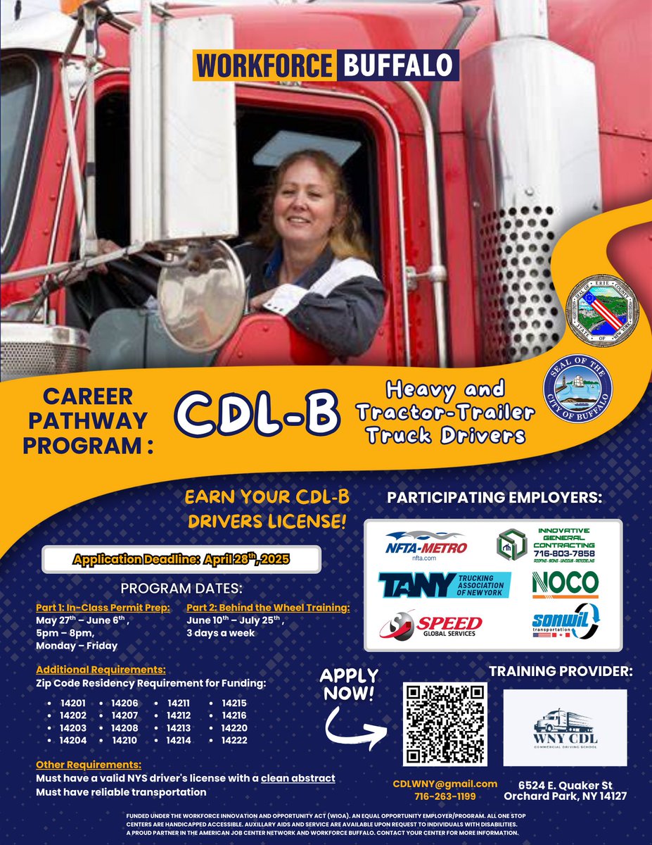 📢Sign Up For The Workforce Buffalo CDL- B Career Pathway Program!

Application Deadline 4/28/25. To apply, please scan the QR code on the attached flyer and submit your application!