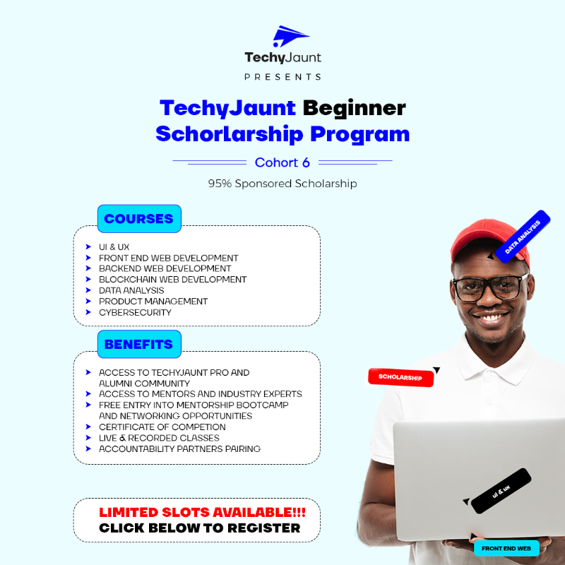 TechyJaunt's tweet photo. Aspiring Tech Bro or Tech Sis? 💻

We're offering 5 Million Naira worth of Tech Scholarships for You🎉

Begin your Tech journey today with our Scholarship + 6months of Mentorship! 🚀

Apply Here for FREE 👇👇
https://t.co/dZLKvdMjSw

Application closes soon🔥
🔁RT to help someone