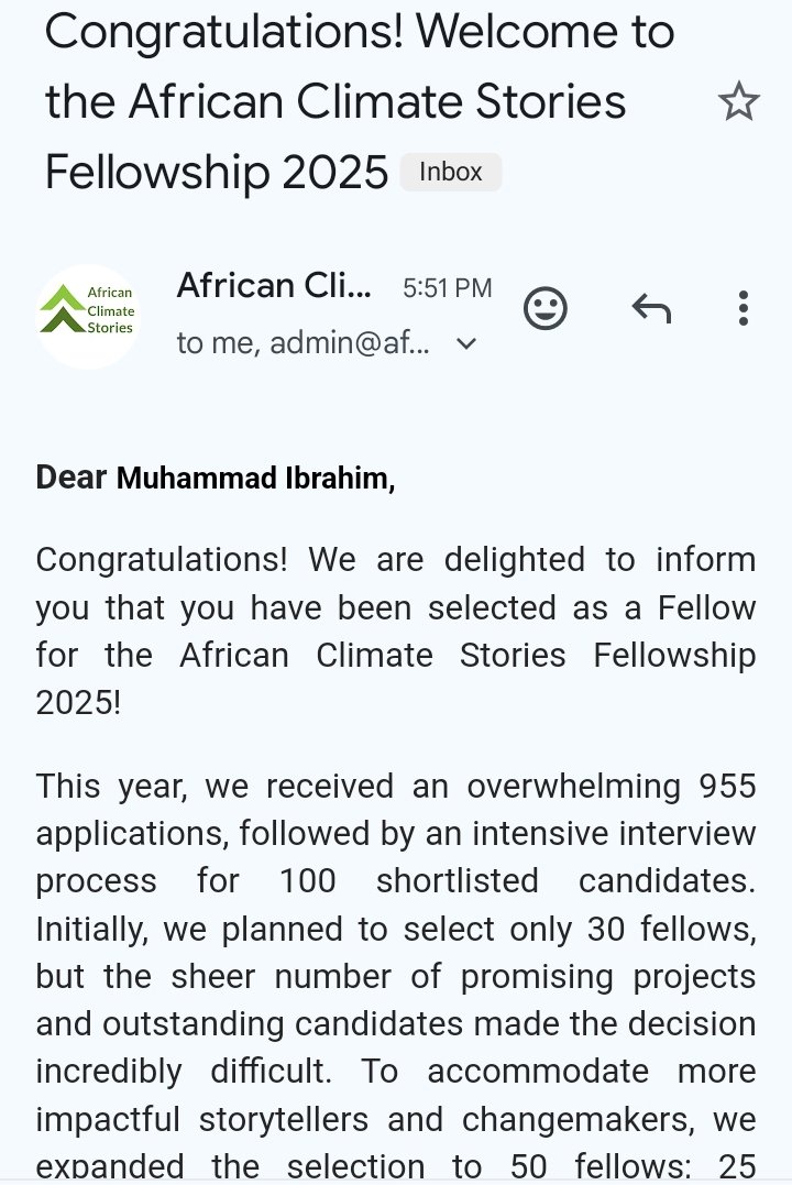 I_M_Auwal's tweet photo. Alhamdu lilLah! 

I am happy to share that I have been chosen for the 2025 @ACSNewsRoom Fellowship, an international program for emerging climate change storytellers.

Out of 955 applications, I made it to the 50 selected fellows after excelling in my interview out of the top 100 https://t.co/H8FBkBCsC1