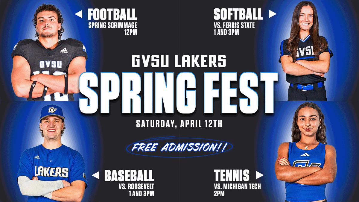 gvsulakers's tweet photo. Join us this Saturday in Allendale for the 𝑮𝑽𝑺𝑼 𝑳𝒂𝒌𝒆𝒓𝒔 𝑺𝒑𝒓𝒊𝒏𝒈 𝑭𝒆𝒔𝒕!

Four events, for FREE! Enjoy the sunshine and a variety of GVSU athletic events all in one place. ☀️ 

#AnchorUp https://t.co/i7ohWpRaox