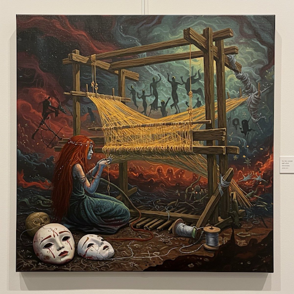 intsutkb's tweet photo. Weaving stories in a world of shadows. 🎭🧵 This haunting artwork speaks volumes—masks, threads, and a fiery sky. What do you see in it? #Art #Fantasy #Symbolism https://t.co/kCB5nMmujj