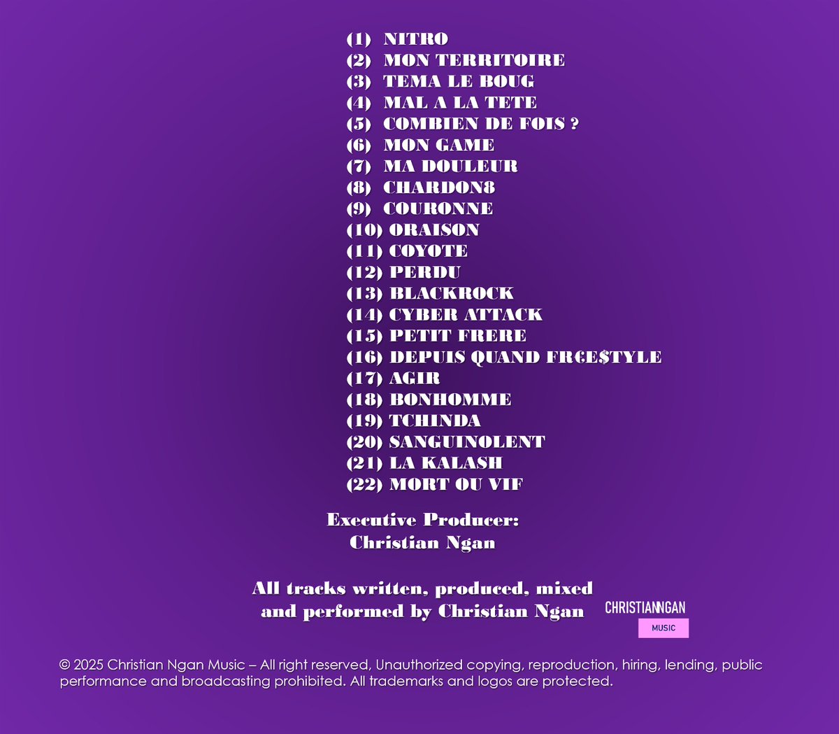 ChristianNgan's tweet image. Hello Fam ! Rendez-vous ce vendredi 11 avril pour mon 5eme album : "Purple". 
Suivez-moi déjà sur Spotify si ce n'est pas encore le cas 🥰 👇🏽

open.spotify.com/artist/1qXlNhk…

#Tracklisting #Purple #Rap
